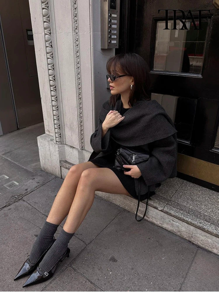 Knit Scarf Collar Short Coat – Women's Winter Fashion