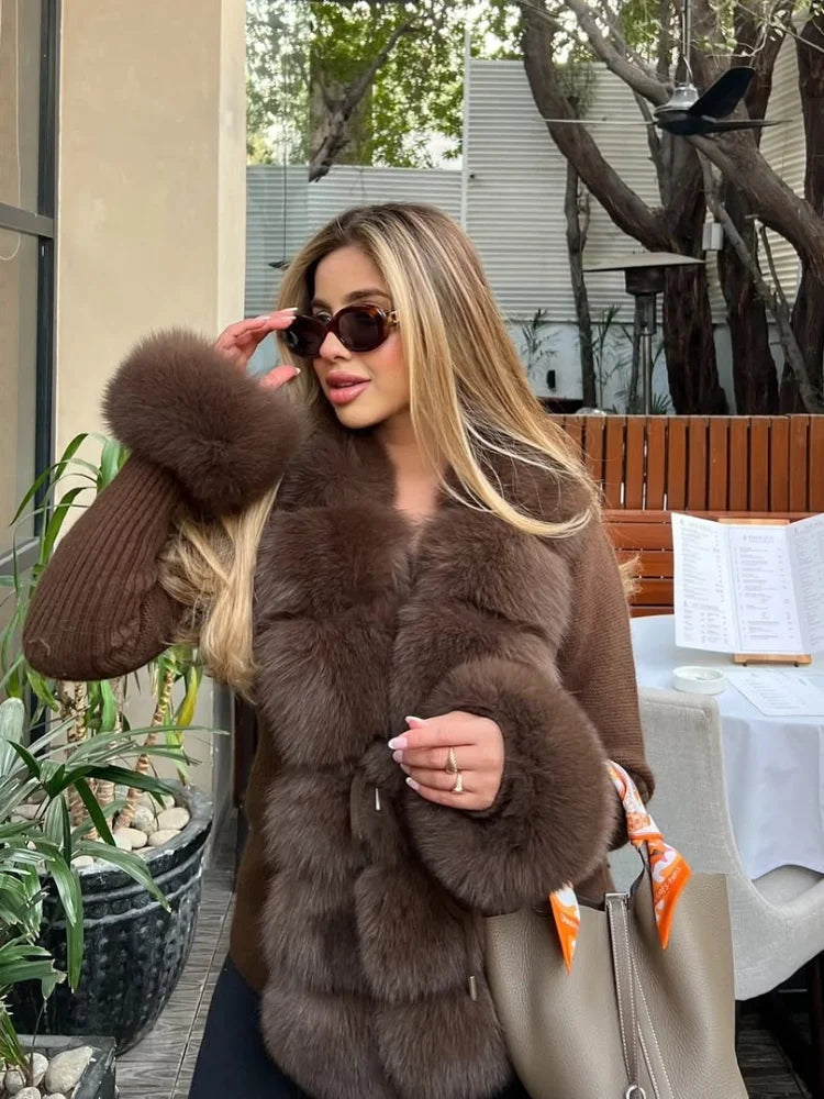 Women's Knit Cardigan with Faux Fur Collar – Elegant Spring & Autumn Coat