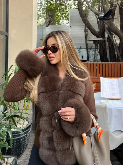 Women's Knit Cardigan with Faux Fur Collar – Elegant Spring & Autumn Coat
