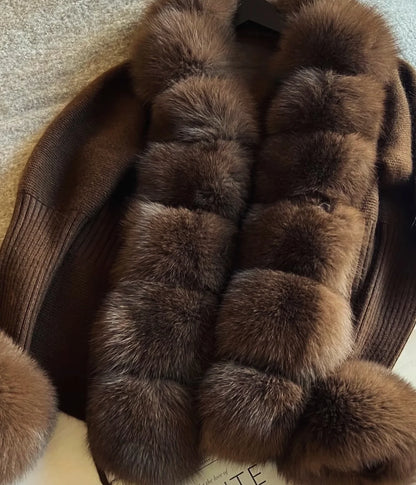 Women's Knit Cardigan with Faux Fur Collar – Elegant Spring & Autumn Coat