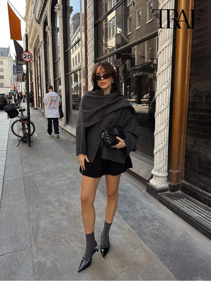 Knit Scarf Collar Short Coat – Women's Winter Fashion