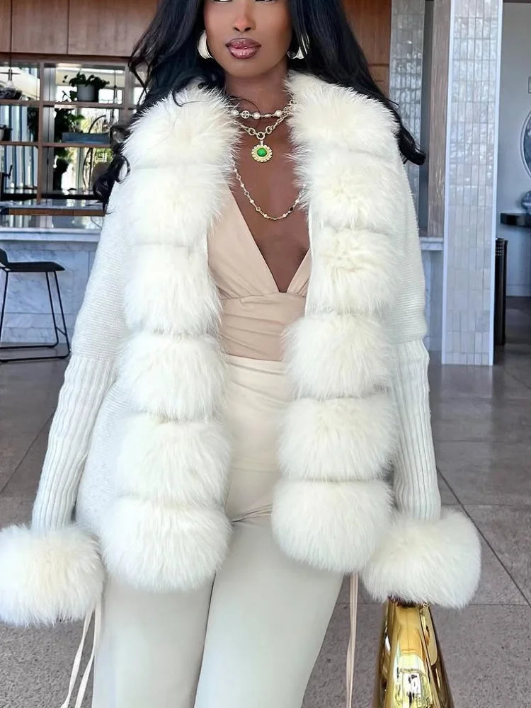 Women's Knit Cardigan with Faux Fur Collar – Elegant Spring & Autumn Coat