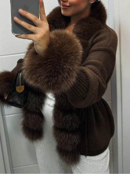 Women's Knit Cardigan with Faux Fur Collar – Elegant Spring & Autumn Coat