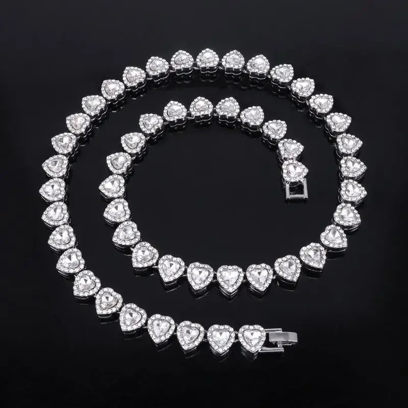 45CM Hip Hop Tennis Chain Necklace – Shiny Heart Rhinestone Jewelry