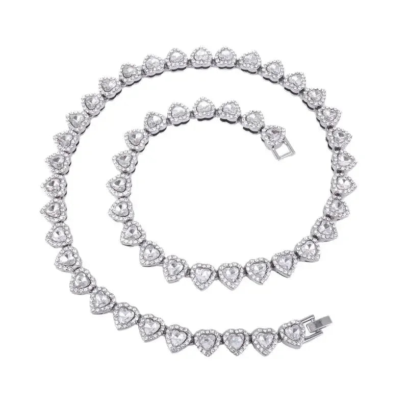 45CM Hip Hop Tennis Chain Necklace – Shiny Heart Rhinestone Jewelry