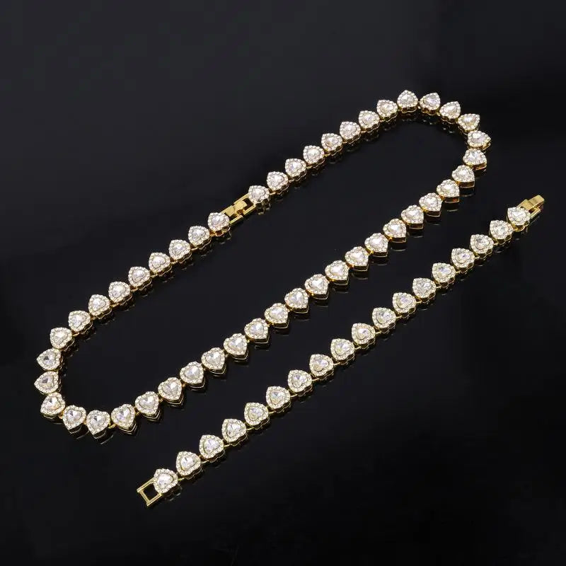 45CM Hip Hop Tennis Chain Necklace – Shiny Heart Rhinestone Jewelry