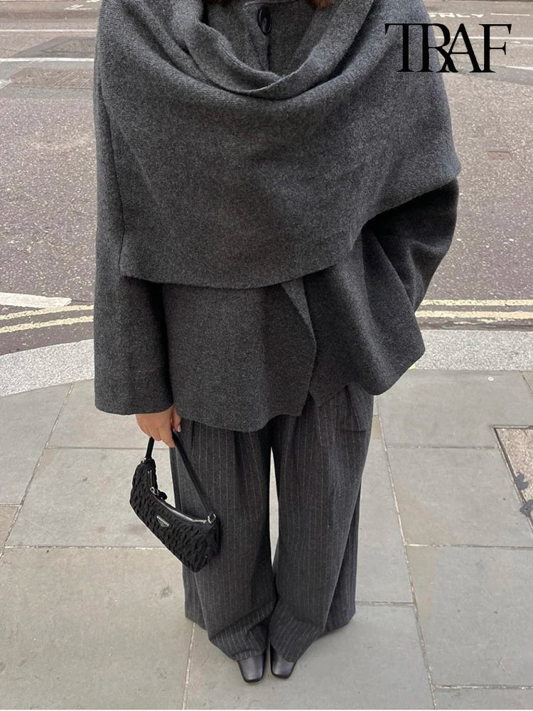 Knit Scarf Collar Short Coat – Women's Winter Fashion