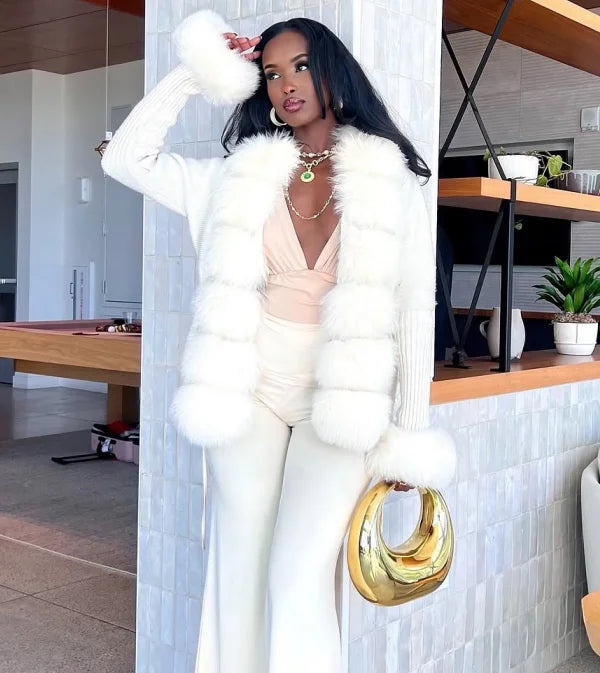 Women's Knit Cardigan with Faux Fur Collar – Elegant Spring & Autumn Coat