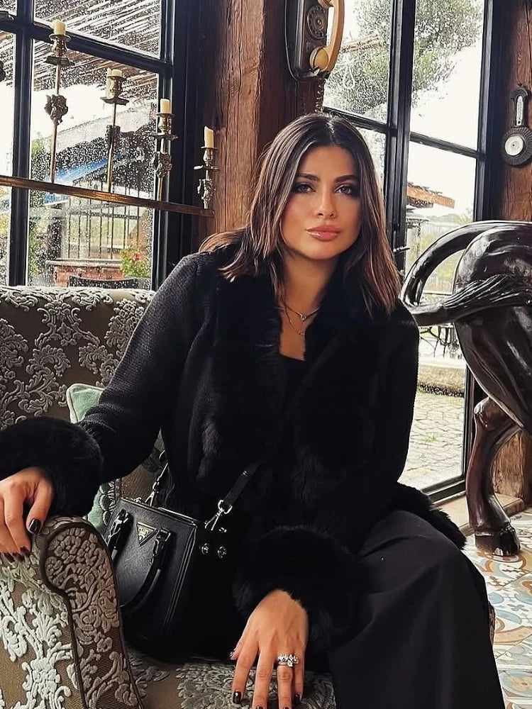 Women's Knit Cardigan with Faux Fur Collar – Elegant Spring & Autumn Coat