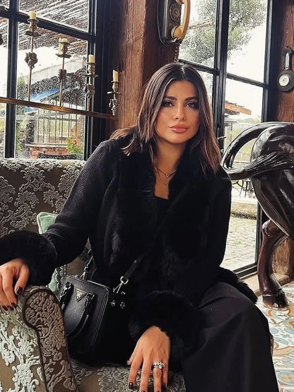 Women's Knit Cardigan with Faux Fur Collar – Elegant Spring & Autumn Coat