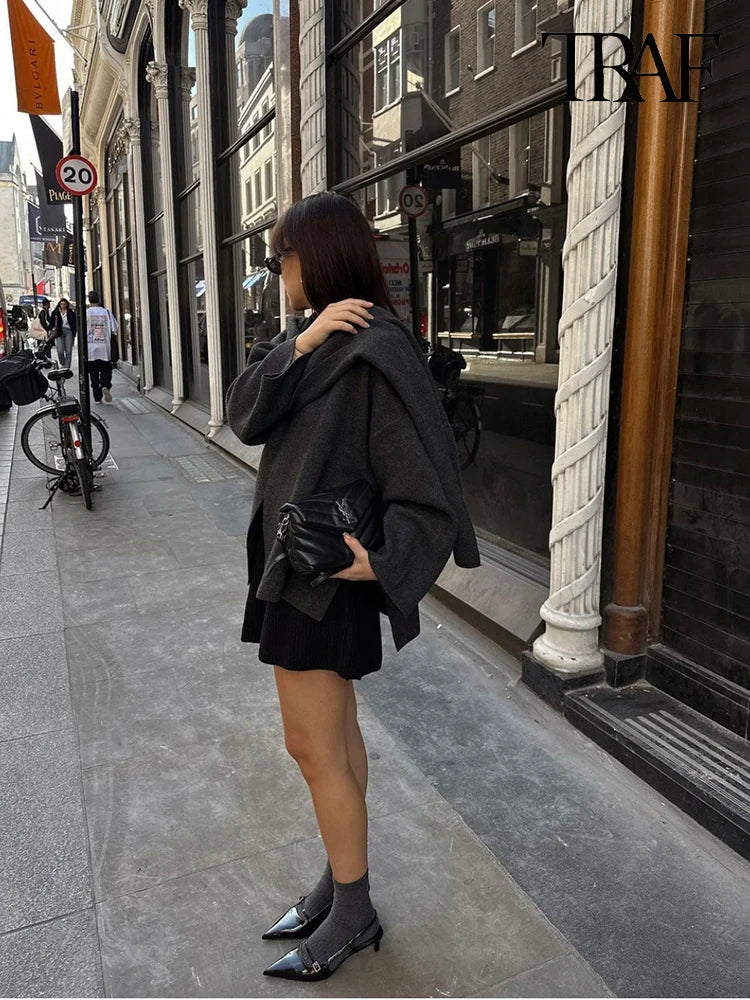 Knit Scarf Collar Short Coat – Women's Winter Fashion