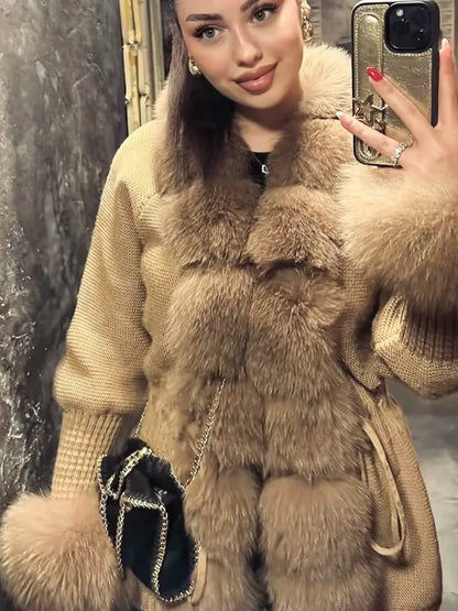 Women's Knit Cardigan with Faux Fur Collar – Elegant Spring & Autumn Coat